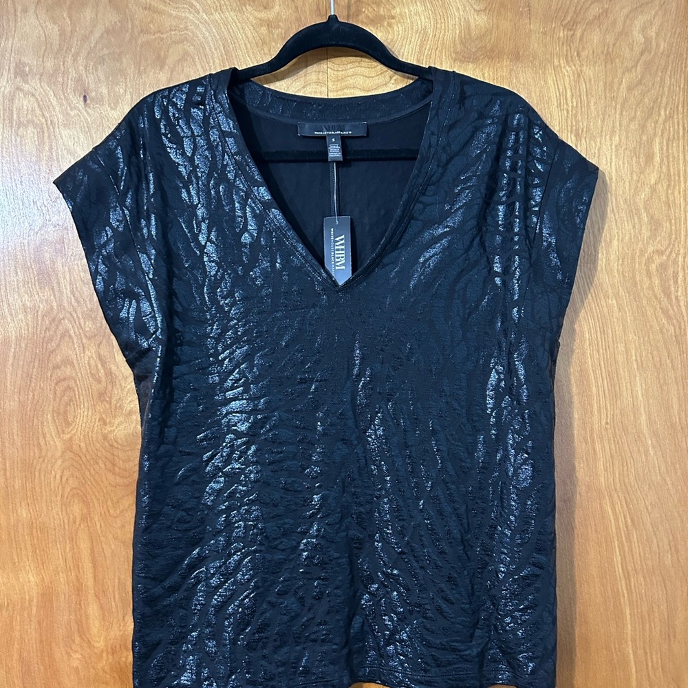 White House Black Market Black Shimmer V-Neck Short Sleeve Top